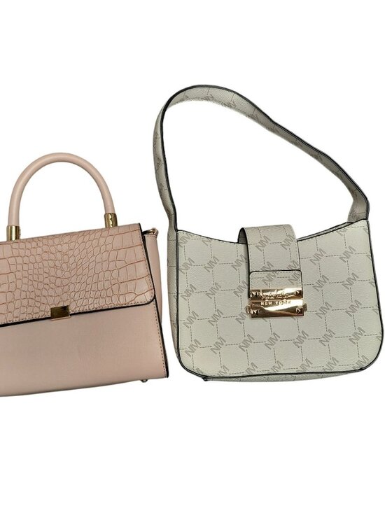 Bundle Set Of 2 Handbags Nicole Miller White Monogram & Pink Croc Embossed Faux - Picture 1 of 7